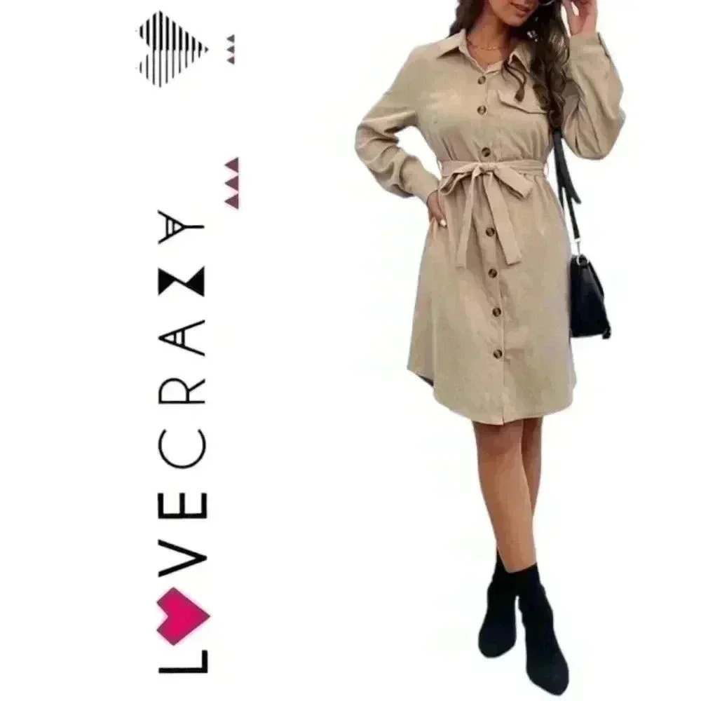 Love Crazy Corduroy Button Down Belted Long Sleeve Dress Tan Size M Winter Fall - Picture 11 of 11